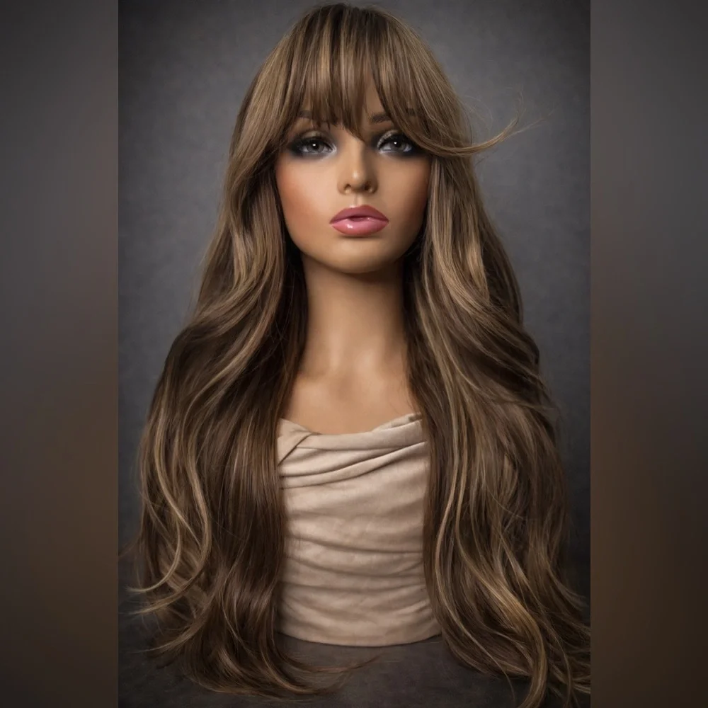 Long Brown Highlight Wig with Bangs Layered Wavy Synthetic Hair Adjustable Cap